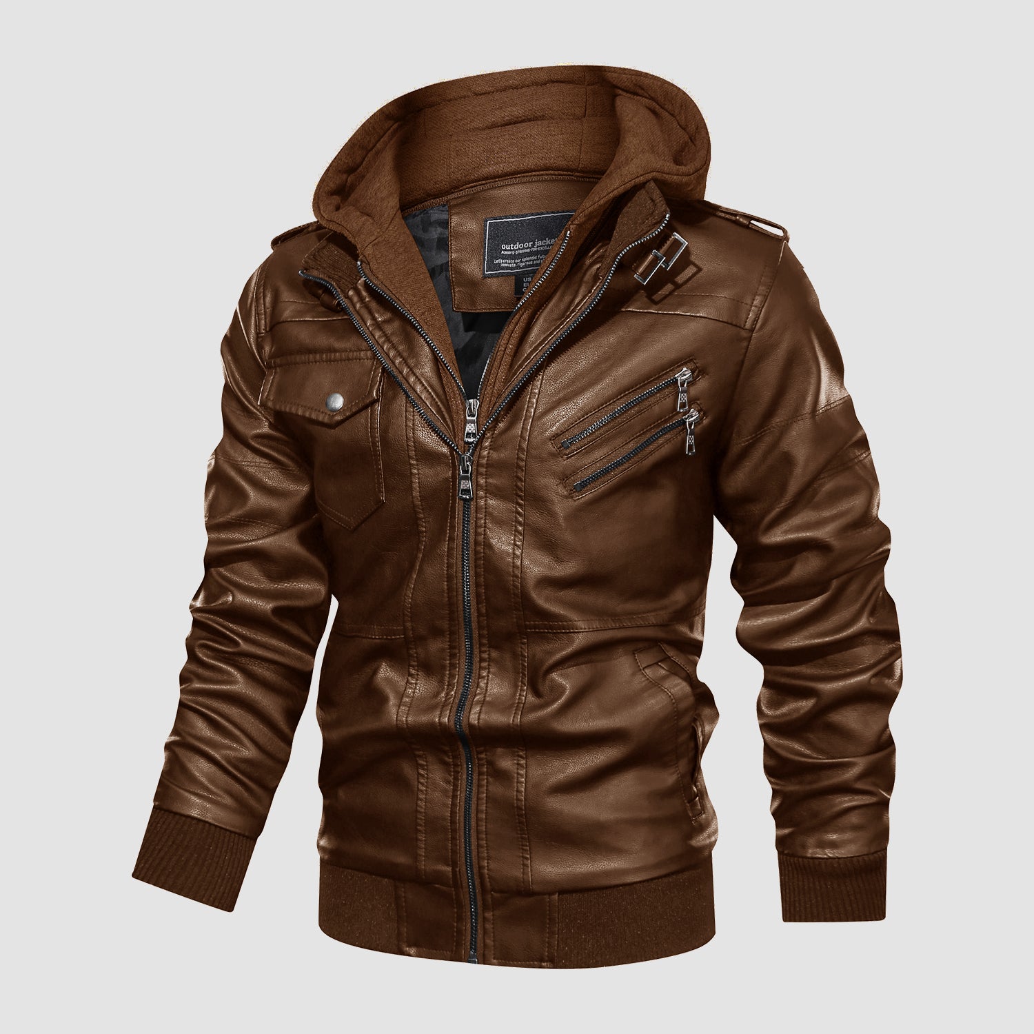 Men's Stand Collar PU Faux Leather Jacket 6 Pockets Motorcycle Bomber Fall Winter Jacket with a Removable Hood