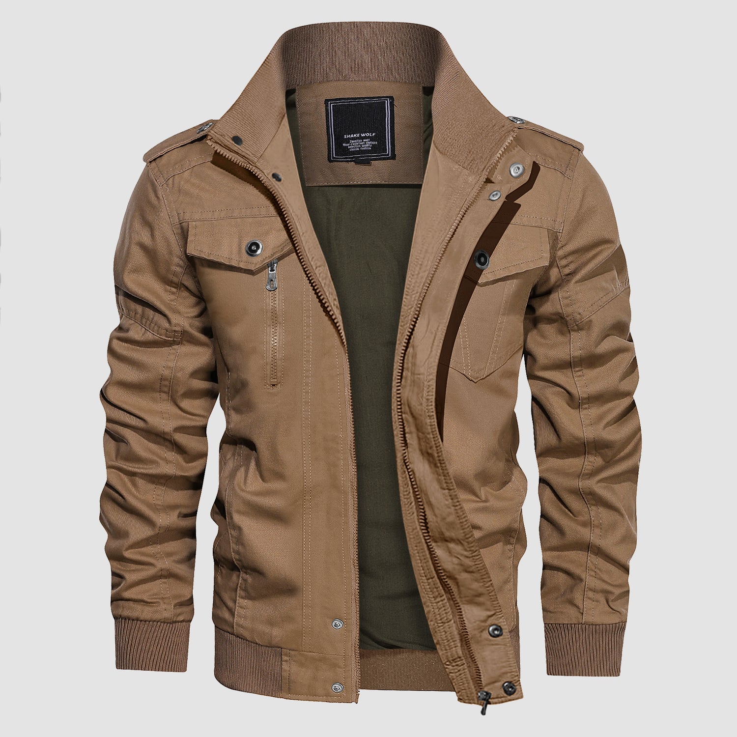 Men's Cotton Cargo Jackets Stand Collar Lightweight Tactical Jacket Windbreaker 4 Pockets